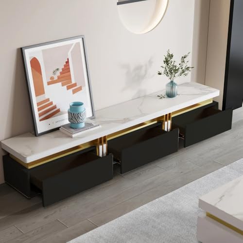 Image of Luxury Joyce Modern TV Unit /Console - 70 inch Naino Compsit Marble Top, 3 Drawer Storage - White & Gold Finish - Scratch Resistant, Waterproof Plywood - Living Room Media Cabinet (Black)