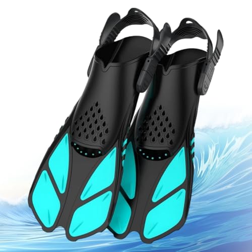 Aletas de natación para adultos, unisex, aletas ajustables con talón abierto, aletas de buceo cortas y antideslizantes para esnórquel, buceo y natación (cian, L/XL 27-31 cm)