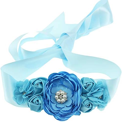 Maternity Pregnancy Flower Sash Wedding Bridal Belt Rhinestone Feather Sash Baby Shower (Blue)
