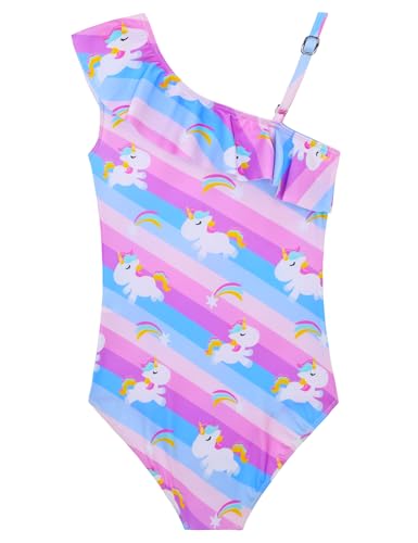 Image of Snowheart Girls Swimsuit Adjustable Shoulder Strap UPF50+ One-Shoulder Ruffle Bathing Suit 3-12T