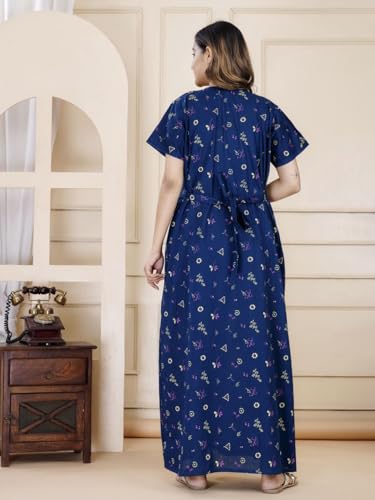 Image of DIAMO Pure Cotton Embroidery Nighty for Women, Cotton Night Gown, Night Maxi Gown, Cotton Nighty with a Pocket and Adjustable Knot