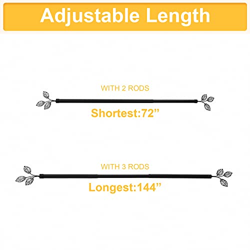 RYB HOME Black Curtain Rod 1 Inch Diameter Adjustable Length 72 to 144 Inch Long Window Drapes Rod Set with Leaf Ends for Room Divider Farmhouse Sliding Glass Door, Matte Black