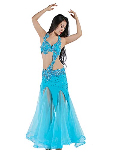 MAXENVISION Belly Dance Costume for Women Tribal Belly Dance Bra and Belt Sexy Professional Dancewear Lake Blue