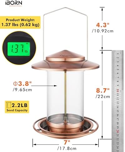 iBorn Metal Bird Feeder for Outside Hanging,Wild Bird Feeders for Cardinal,18cm Large Roof &Tray Brushed Copper 6 Port (Seed is not Included)