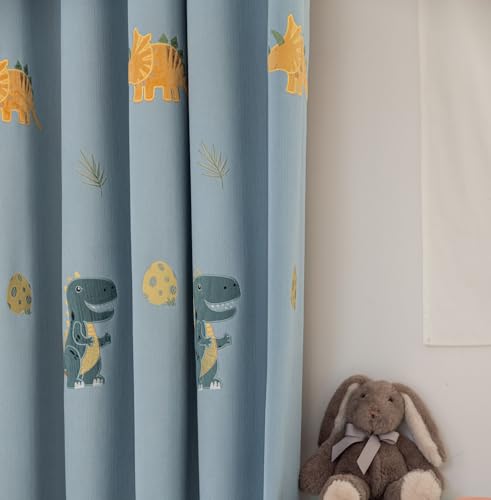 Cartoon Dinosaur Kids Curtains with Blackout Liner Embroidery Nursery Curtains for Children Boys Baby Bedroom Living Room Grommet Top Room Darkening Window Drapes 1 Panel (Blue,W52 x L84 Inch) by KMSG - Used condition - US$32.55