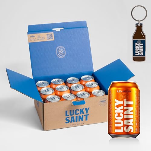 LUCKY SAINT Alcohol Free Beer - Hazy IPA Case of 12 x 330ml 0.5% ABV Cans with Keyring | Vegan & Sugar Free | 59 Calories per Can Only Natural Ingredients No Flavourings