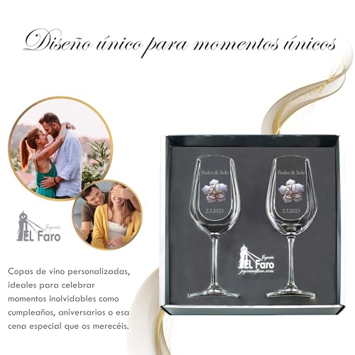 Miniatura 4 de Joyeria El Faro Copas De Vino Personalizadas Para Bodas De Oro Juego De 2 Copas Con Chapita Dorada Hoja Estuche Premium De Joyería Regalo 50 Aniversario