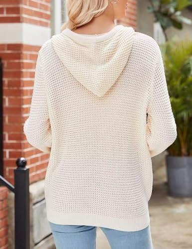 Image of VIMPUNEC Womens Fall Hoodie Sweater Long Sleeve Hooded Top with Pocket | V Neck, Button, Adjustable Drawstring, Waffle Knit, Loose Fit, Ribbed, Kangaroo Pocket