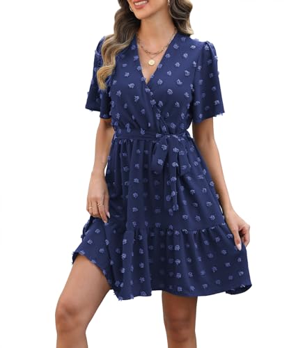 Wantonfy Women Dresses Casual Short Sleeve V Neck Half Sleeve Shirt Dress Ruffle Short Blue