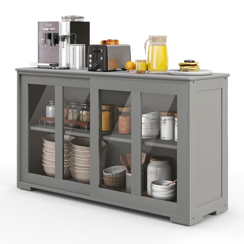 SILKYDRY Sideboards Buffet Cabinet, Sliding Tempered Glass Door Coffee Bar, Console Table with Adjustable Shelf, Credenzas for Living Room, Stackable Kitchen Cupboard for Dining Room (Grey)