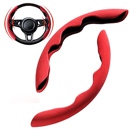 Mtverver New Fluffy Anti-Skid Steering Wheel Cover Segmented Protector Safe and Non Slip Car Accessory and Durable Easy to Install for Steering Wheels of Universal Fit 99% Car (Suede Material Red)