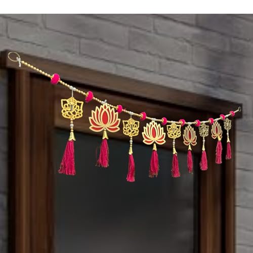 Image of iHandikart Decorative Toran for Door, Handmade Lotus Bandhanwar with Pink Tassels & Beads, Traditional Indian Door Hanging for Diwali, Wedding & Home Decoration Size (40 Inch)