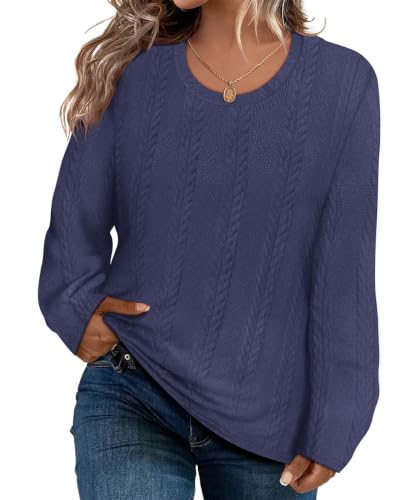 Image of CARCOS Womens Plus Size Tops Basic Fall Cable Knit Sweaters Long Sleeve Shirts Crewneck Lightweight Tunic Tops XL-5XL