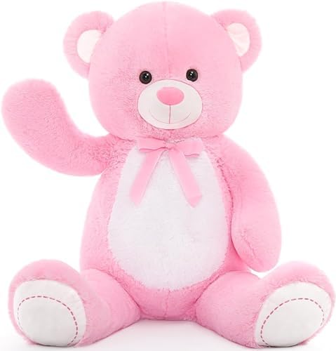 MorisMos Giant Teddy Bear Stuffed Animal, 130cm XXL Pink Cuddly Teddies Soft Toy, Large Teddy with White Belly Big Bear Fluffy Plush Gift for Girlfriend Kids Wife Birthday Baby Shower Decorations