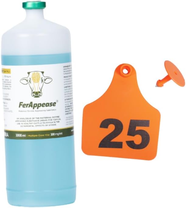 FerAppease® 1,000ml Cattle Stress Relief + 25-Pack X-Large Numbered Livestock Ear Tags Kit – Durable Waterproof ID Tags (Orange) – Long-Lasting Farm Identification & Calming Formula for Cattle