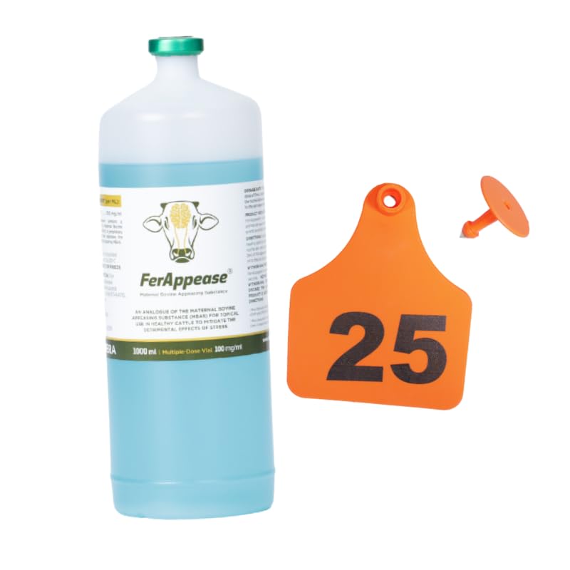FerAppease 1,000ml Cattle Stress Relief + 25-Pack X-Large Numbered Livestock Ear Tags Kit – Durable Waterproof ID Tags (Orange) – Long-Lasting Farm Identification & Calming Formula for Cattle