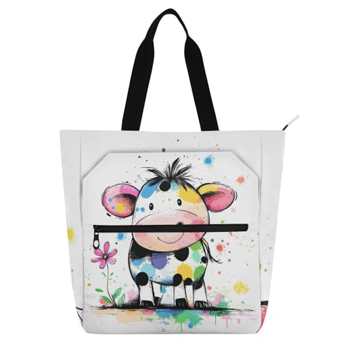 Bolsa para libros con diseño de vaca blanca para la escuela, biblioteca y viajes diarios