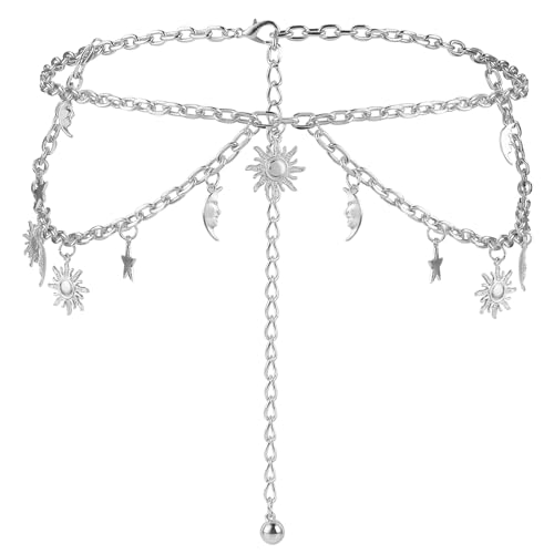 Amaxiu Cinturón de Cadena de Metal de Doble Capa para Mujer, Cadena de Cintura Ajustable con Estrella Lunar, Fina cinturón de eslabones de Metal Decorado, para Vestidos, Jeans (Plata)