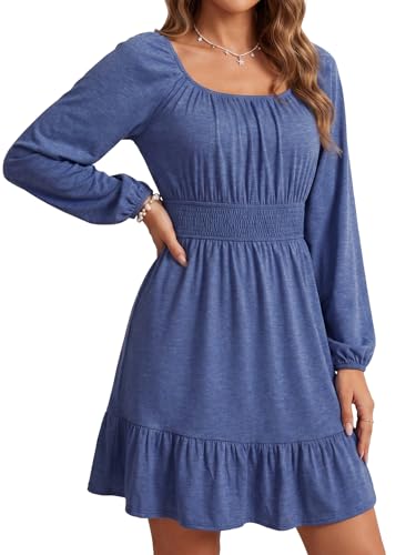 Image of Vrtige Women's Square Neck Long Sleeve Shirred Waist A Line Ruffle Hem Casual Party Mini Dress