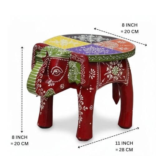 Image of Hand-Crafted and Emboss Colorful Painted Wooden Elephant Shape Stool for Home /Office /Living or Bedroom Decor,Decorative Showpiece (8 Inches Height, Maroon)