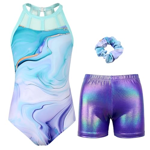 Gymnastics Leotards for Girls With Shorts Sparkly Ballet Dance Mesh Tank Activewear Violet Marble Set 14-15 Years