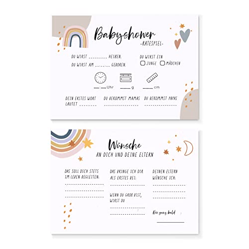 SellerRocket 25x Babyshower Ratespiel Karten zum Ausfüllen Tippkarten Jungen und Mädchen Tolles Spiel für die Babyparty und Gender Reveal Feier 25 Karten quer
