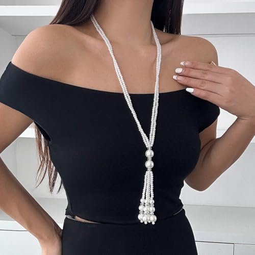 Vintage Pearl Necklace for Women Dainty Long Tassel Chain Faux Pearl Fringe 1920s Costume Jewelry Sweater Chain Y-shape2