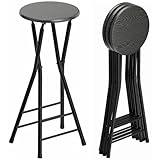 HOMCOM Lot de 4 tabourets de Bar pliants, tabourets de Cuisine Hauts Ronds avec 2 Repose Pieds, Structure en Bois et Acier, chaises de Bar Hautes, pour îlot, Noir