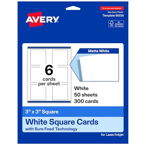 Avery® Square Cards, Sure Feed® Technology, 3" x 3", Matte White, Print-to-the-Edge, Laser & Inkjet Compatible, 300 Total, Great for Product Branding, Marketing, and More by Avery - Used condition - US$22.04