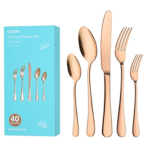 OGORI 40-Piece Copper Flatware Silverware Set for 8, with Gift Box Stainless Steel Cutlery Eating Utensils Set,Mirror Finish