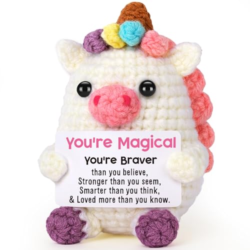 Mini unicornio de ganchillo hecho a mano con tarjeta de aliento para regalo de cumpleaños de mujer