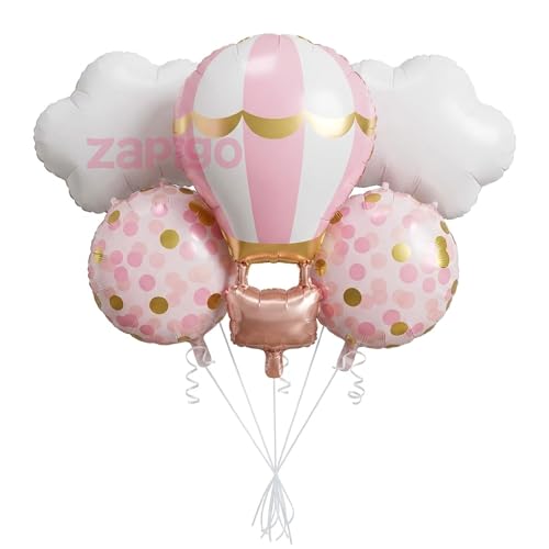 Image of Balloonistics Pink Hotair Balloon And Clouds 1St Birthday Pink Cloud Theme Happy Birthday Balloon Bouquet Pack Of 5