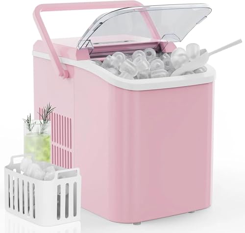 HSUFLWS Portable Ice Maker Countertop Nugget Ice Makers Countertop with Handle Mini Ice Machine for Home Kitchen Camping Party Compact | Self-Cleaning | 26 LBS/24H (Pink)