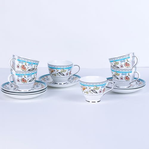 Image of GOLDEN QUEEN'S Cup & Saucer Set | Perfect for Hosting & for Tea /Coffee Lovers | Handcrafted in India, Inspired by Florals & Platinum on Rim | 6 Cups & 6 Saucers |170 ml - Blue Botanicals