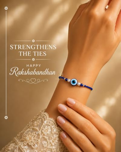 Image of Evil Eye Rakhi Set Of 3 For Brother Bhabhi Sister Kids | Blue Nazar Battu Raksha Kavach Rakhi Bracelet With Pearl Beads | Handmade Aesthetic Designer Raksha Bandhan Combo Rakhi Gift For Bhai