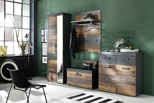 trendteam smart living - Indy - Garderobenkombination - Eiche/Grau - Garderobenschrank, Sitzbank, Paneel, Schuhschrank - (BxHxT) 265 x 192 x 37 cm - antikfarbene Griffe