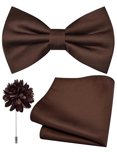 Branduce Brown Bow Tie for Men Wedding Solid Satin Silk Bowties Pocket Square and Lapel Pin Brooch Set (BB07-36)