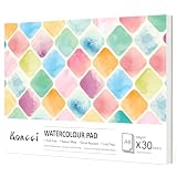 KONCCI Watercolour Paper Pad A4, 30 Sheets Watercolour Sketchbook 300GSM, Cotton Blend, Cold Press & Acid-Free, Natural White, Glued Bound, for Painting Drawing Beginner Students