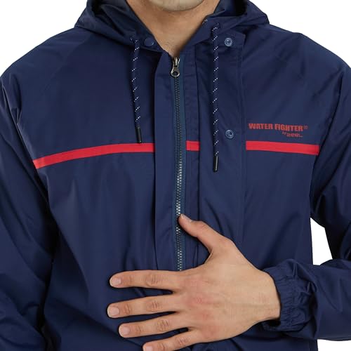 Image of Water Fighter by ZEEL Rain Coat for Men with Adjustable Hood, Polyester Waterproof Full Sleeves, Top and Bottom Set Rainwear, Front Zip with Snap Button Flap (EWF1020, Navy, XXL)
