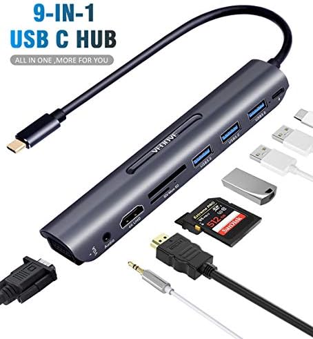 Veoove USB C Hub, 9-in-1 USBC to VGA Splitter with 4K Display & Audio, Compatible with MacBook Pro/Air and Other Type C Devices, Compact and Easy to Carry USB-C Multi-Port Adapter(Dark Grey)