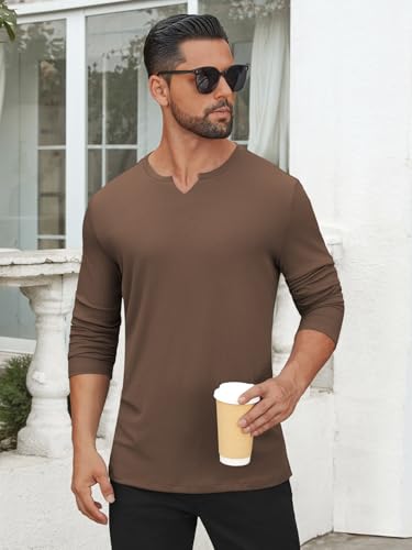 Hardaddy Men's V Neck Long Sleeve Ribbed Casual T-Shirt Classic Basic Solid Tee Shirts Brown M — view 2