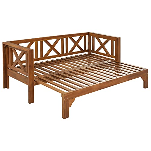 Merax Patio Furniture Sets, Outdoor Patio Extendable Wooden Sofa Sectional Set With Thick Cushions For Balcony, Backyard, Poolside (Brown+Blue, 1 Piece) #TOP4