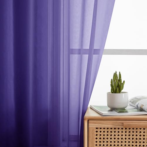 Image of Simplebrand Purple Short Sheer Curtains 45 Inch Length for Small Windows, Rod Pocket 2 Panels Set Solid Voile Drapes Window Sheer Curtains for Bedroom Bathroom Kids Room Kitchen, 42x45 Inch