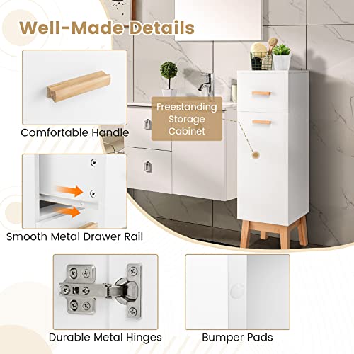 Tangkula Narrow Bathroom Storage Cabinet, Freestanding Side Storage Organizer With Adjustable Shelves, Drawer And Pine Wood Legs, Small Bathroom Cabinet For Living Room Bedroom Hallway, Black (White) #TOP5
