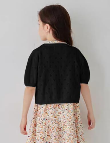 Image of Black Girls Bolero Shrug, Girls Cardigan Size 10 Short Sleeve, Kids Knit Sweater, Button Cover Up Cropped Tops