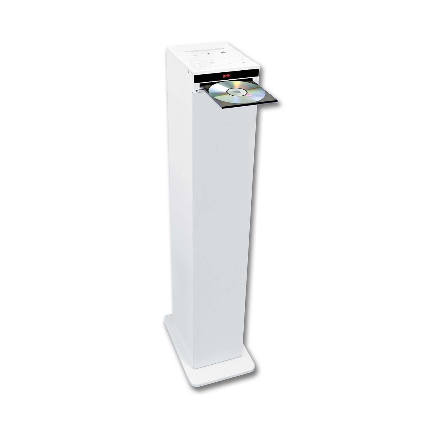 gef-roy Enceinte Colonne Blanche avec Lecteur CD, Bluetooth, FM et USB, 60W, télécommande, Jeu de lumière OVNI LED