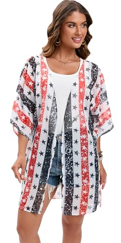 Image of DDSOL Women's American Flag Kimono Cover up Beachwear Cardigan Loose Tops Shirt Blouse