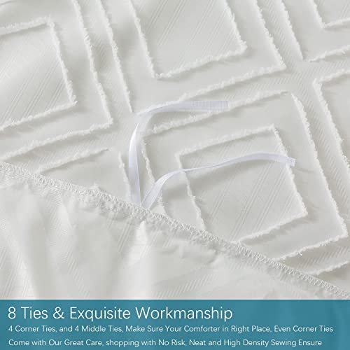Lamourbear Jacquard & Tufted Duvet Cover Full Size White Bedding Set, All Seasons Comforter Cover, With Double-End Sliders Zipper Closure, 8 Ties, 3 Piece (2 Pillowcase, 1 Duvet Cover), F White #TOP4