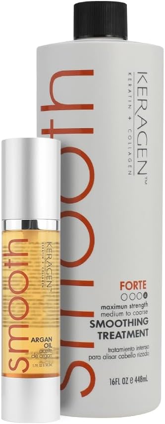 KERAGENBrazilian Keratin Smoothing Treatment & Hair Serum for Dry and Damaged Hair - Forte Formula, Sulfate Free - Eliminates Curls, Frizz, and Adds Brilliant Shine (Treatment 16 Oz, Argan Oil 1.7)