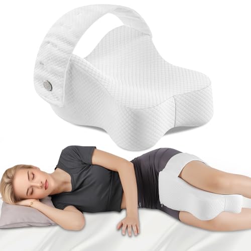 LRAZU Knee Pillow for Side Sleepers, Memory Foam LegPillow Between Knees, Relieves Back, Hip & Knee PainWhile Aligning Spine, Adjustable Strap, 14 Inch (White)
